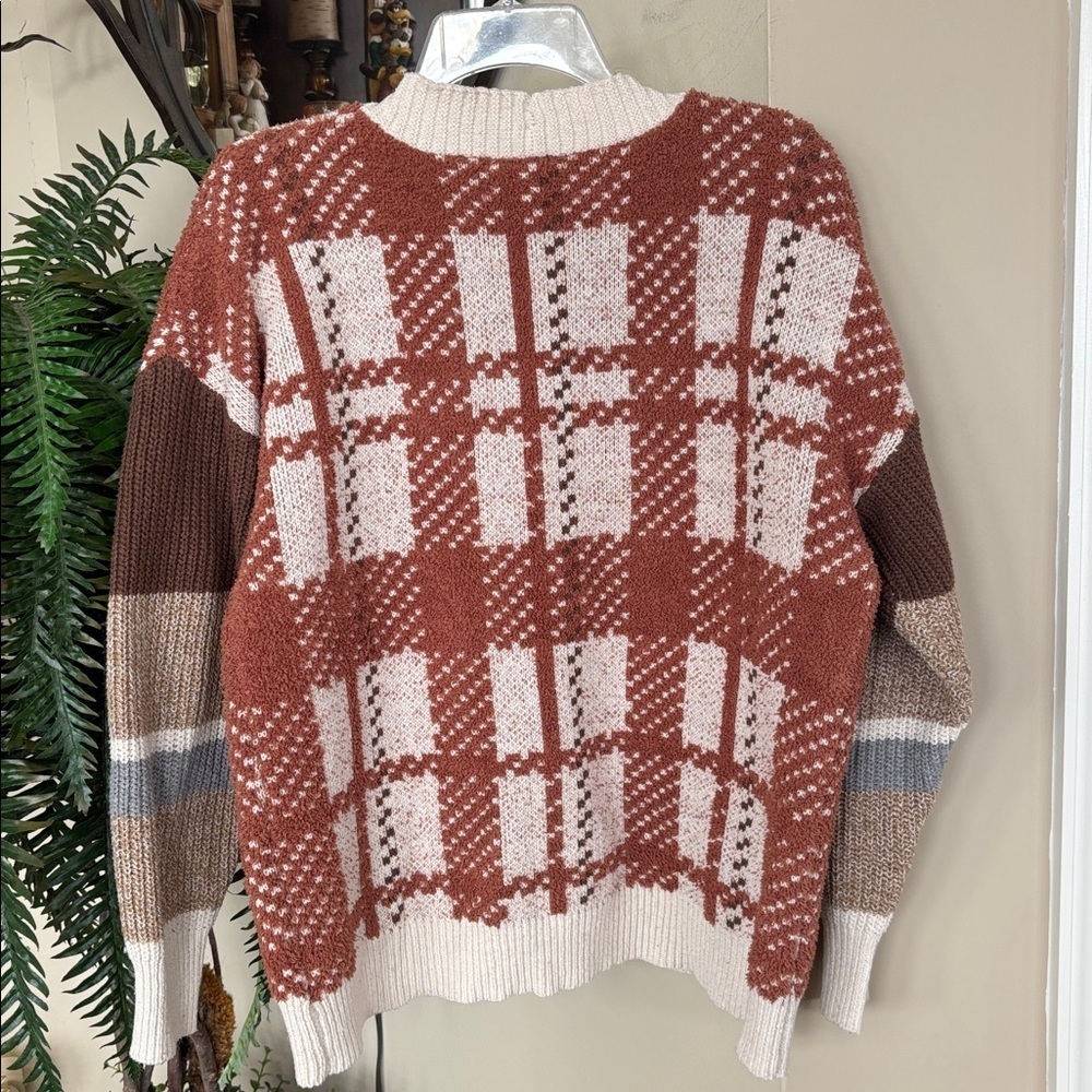 Love Riche Cozy Chic Mixed Knitted Rust Oversized Cardigan Button Down Plaid - Picture 7 of 12